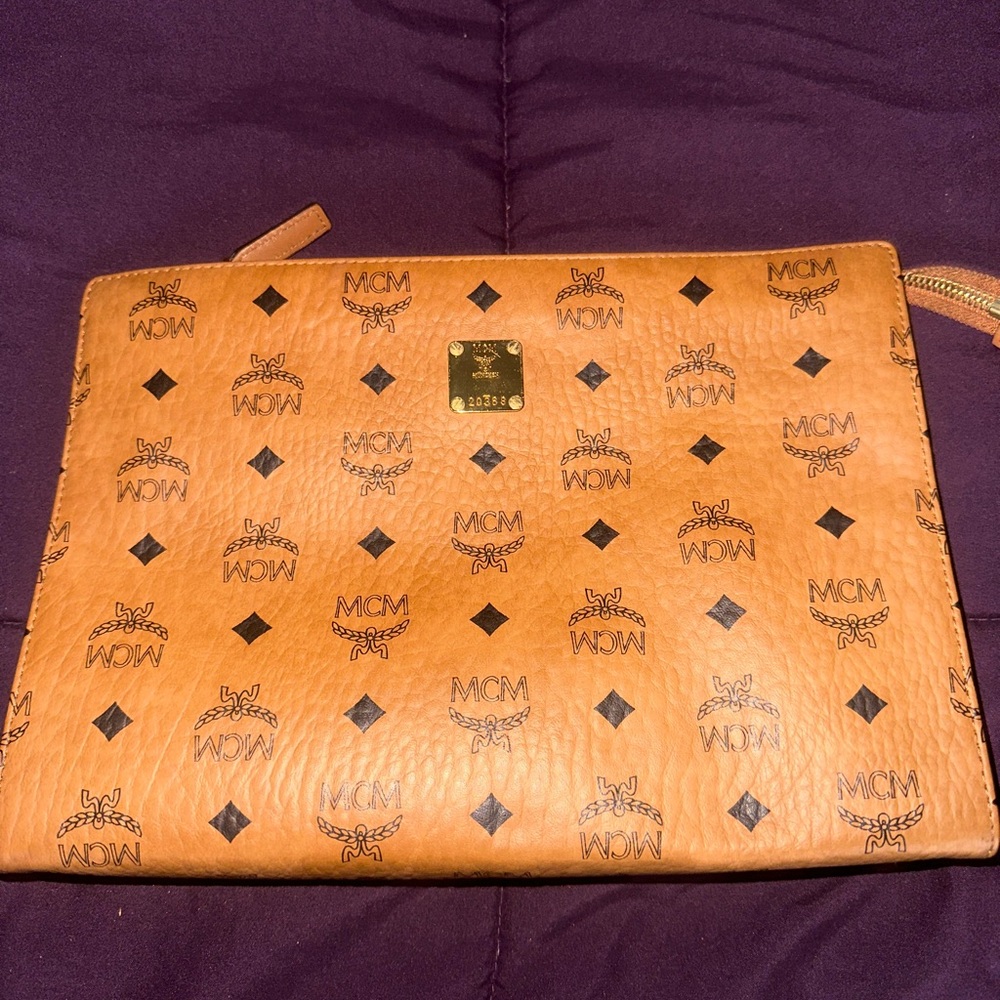 MCM Cognac Leather Pouch with Logo Design